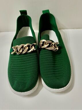 Green Knit Slip-On Sneakers with Gold Chain Accent